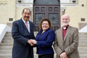 NHI founder and president Ernesto Nieto with St. Mary's University Vice Provost for Enrollment Management Dr. Rosalind Alderman and Director of Marianist Urban Students Program Bro. Richard Thompson.